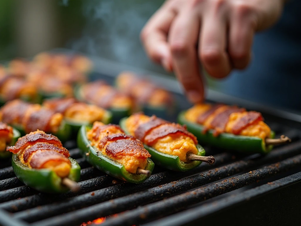 Jalapeño poppers cooking over indirect heat on a grill