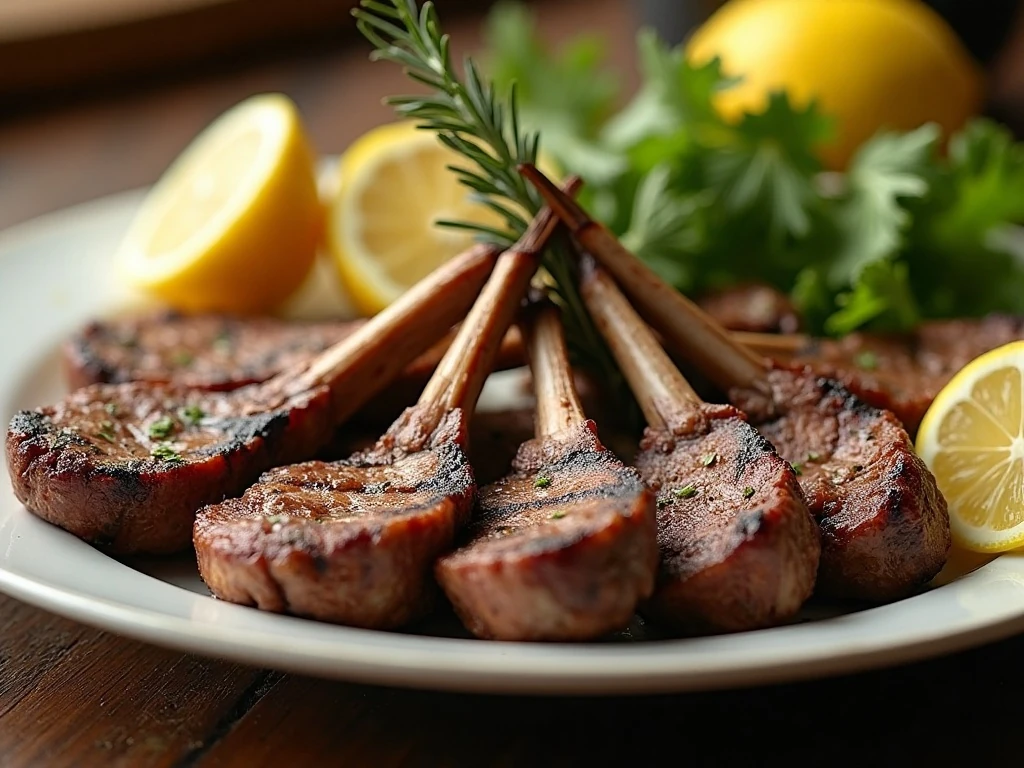 Juicy grilled lamb chops served with lemon wedges and rosemary