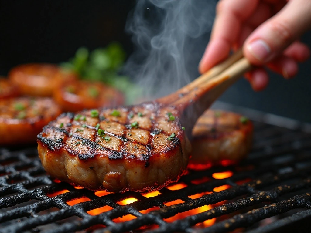 Marinated lamb chops grilling over high heat