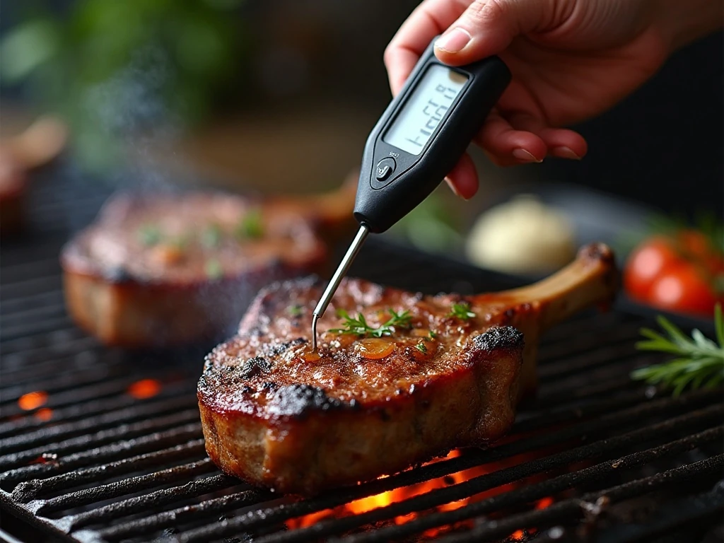 Checking the temperature of grilled lamb chops with a thermometer