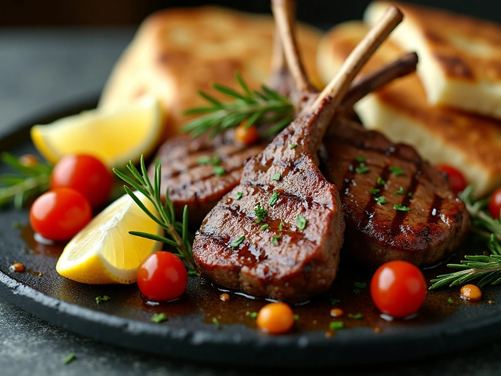 Grilled lamb chops with lemon, herbs, and Mediterranean side dishes