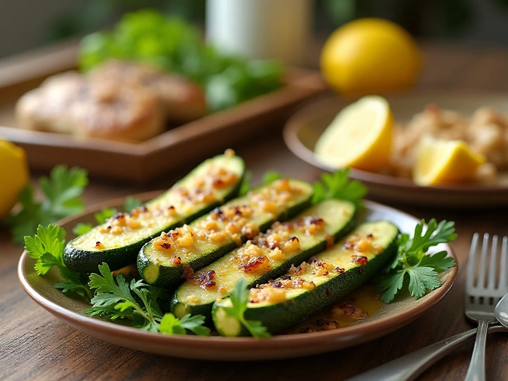Grilled lemon butter zucchini served on a summer dinner table
