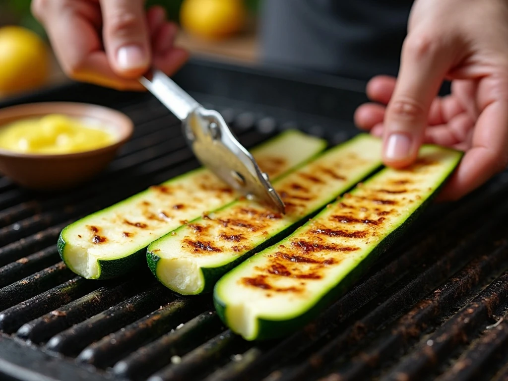 Zucchini grilling cut-side down on a hot grill