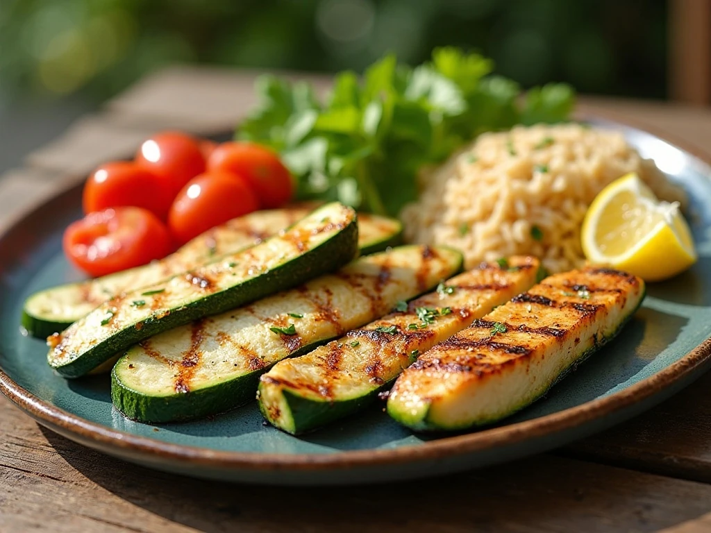 Grilled lemon butter zucchini with fish and summer sides
