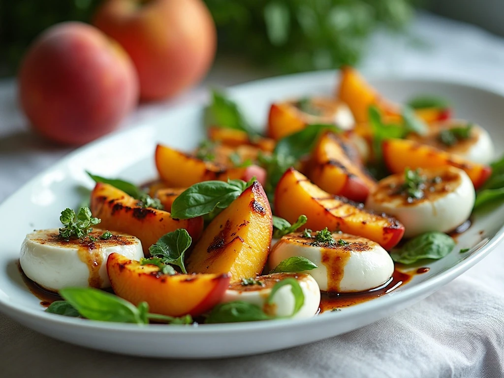 Grilled peach Caprese salad served on a platter