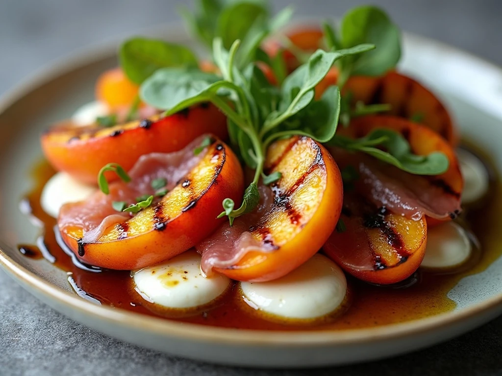 Grilled peach Caprese salad with prosciutto and arugula