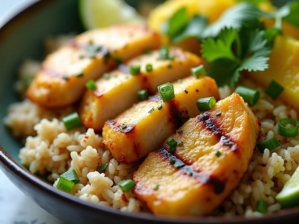 Sliced grilled pineapple chicken served in a leftover grain bowl