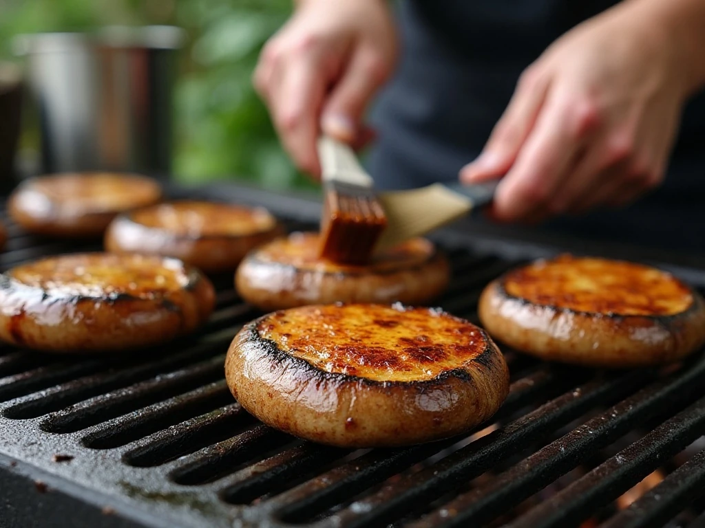 Portobello mushroom caps grilling over medium-high heat