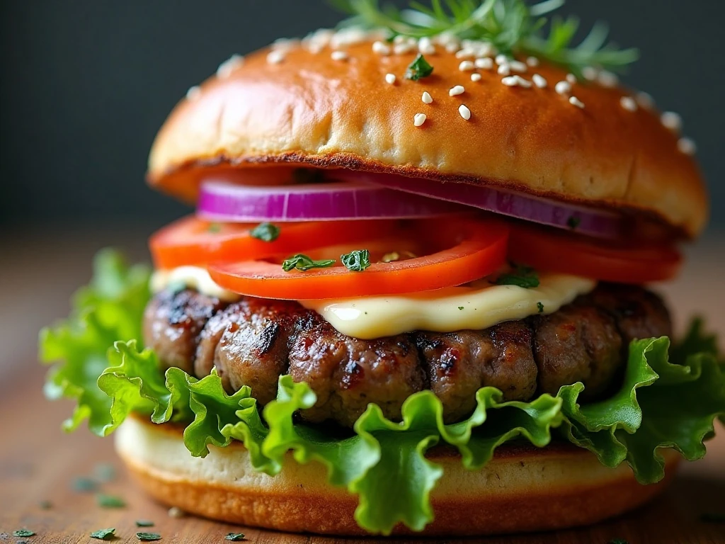 Close-up of toppings on a grilled portobello mushroom burger