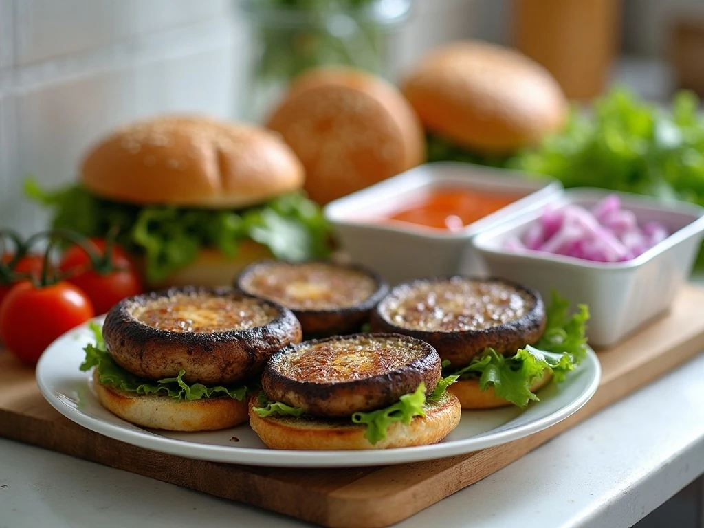 Stored grilled portobello mushroom caps and burger toppings