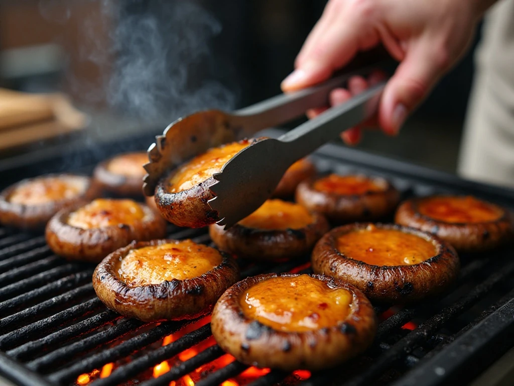 Gently turning portobello mushrooms on the grill