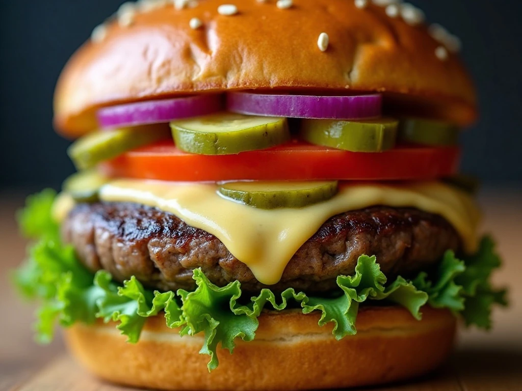 Close-up of a loaded grilled portobello mushroom burger