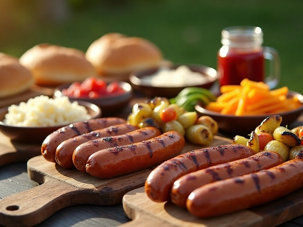Complete grilled sausage bar arranged for a backyard gathering