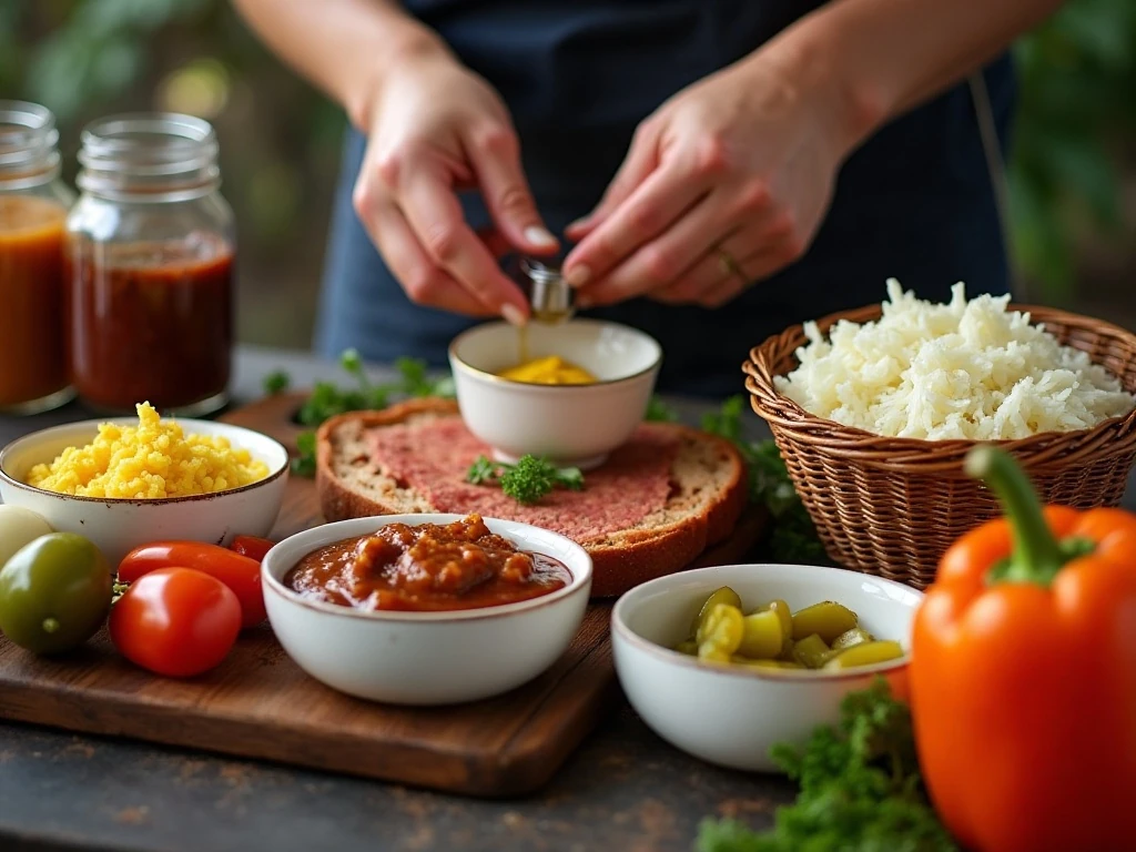 Setting up toppings and vegetables for a grilled sausage bar
