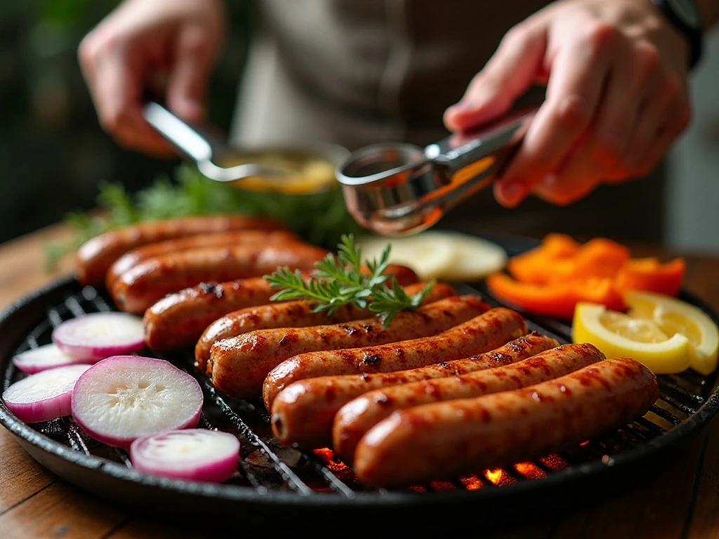 Assorted sausages and vegetables cooking on the grill