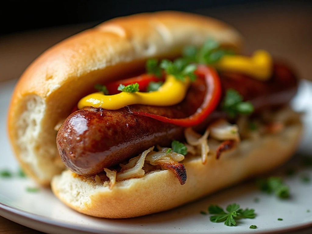 Toasted sausage roll with grilled vegetables and classic toppings