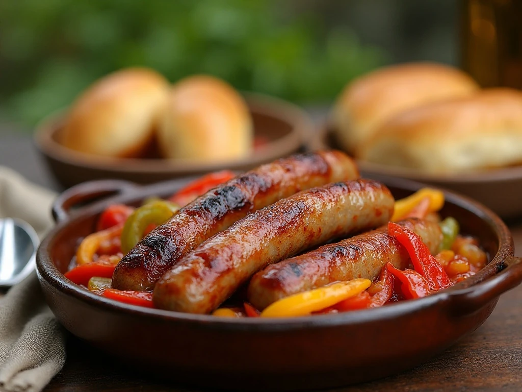 Grilled sausage with peppers and onions in a tomato casserole