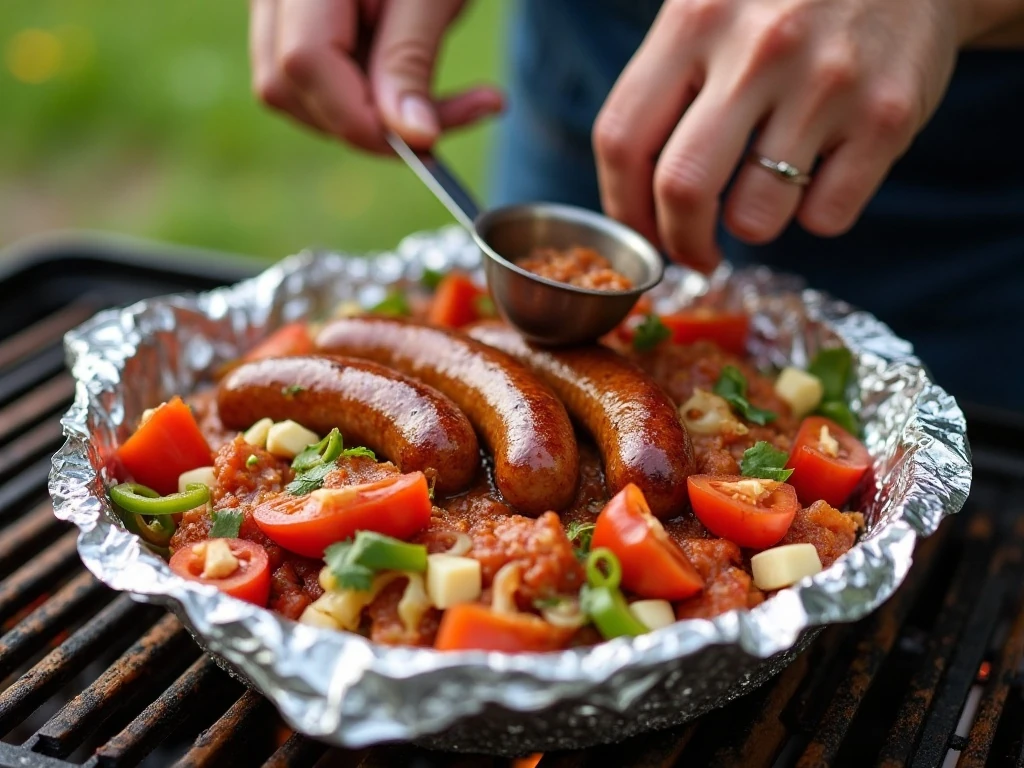 Sausage being nestled into peppers and onions in a grill pan