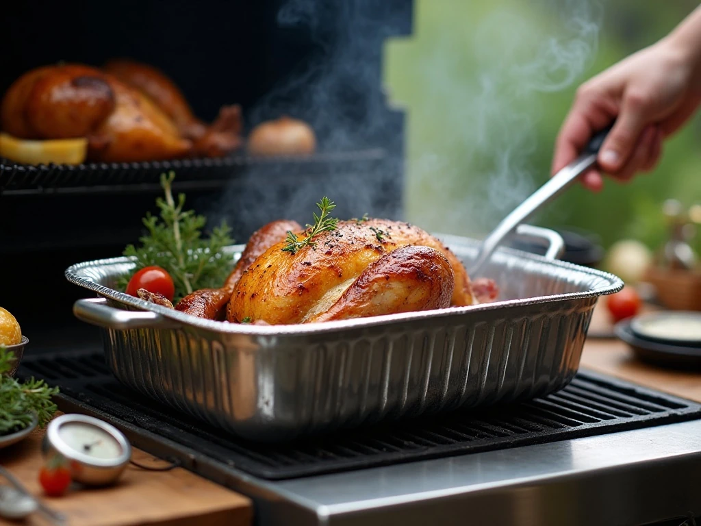 Covered sausage casserole finishing over indirect grill heat