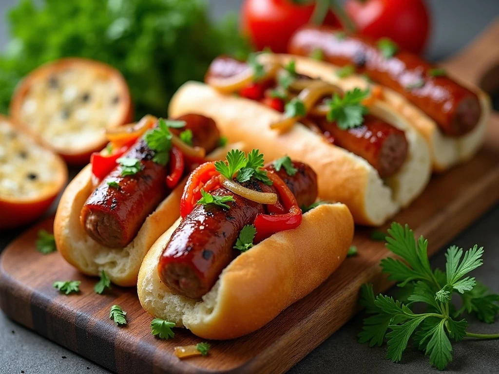 Sausage peppers and onions served in toasted rolls