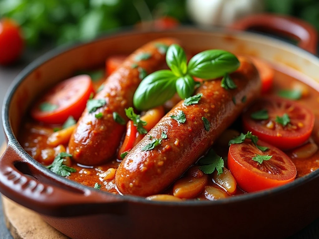 Close-up of sausage casserole garnished with fresh herbs