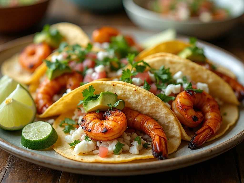 Platter of colorful grilled shrimp tacos with slaw and fresh toppings