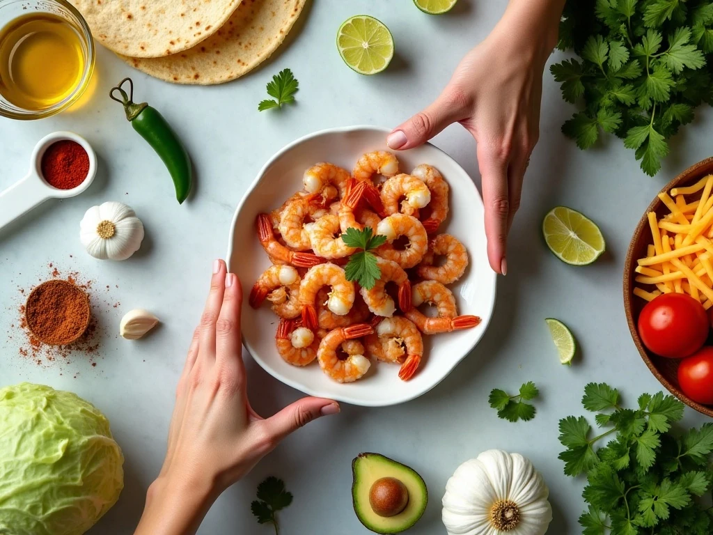 Ingredients for grilled shrimp tacos arranged in a flat lay