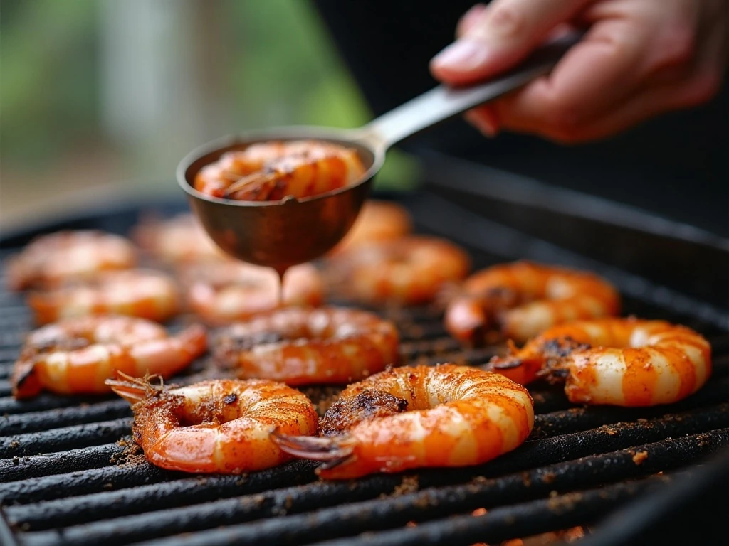 Seasoned shrimp grilling on a hot grill
