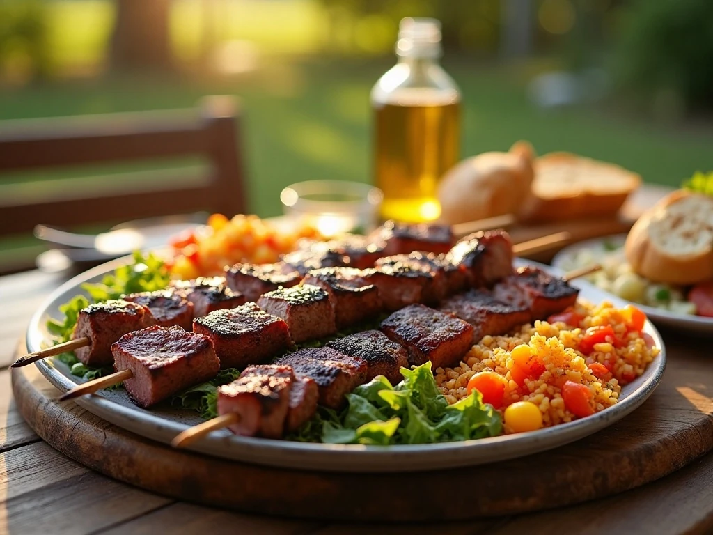 Colorful grilled steak kabobs served with rice, salad, and grilled bread