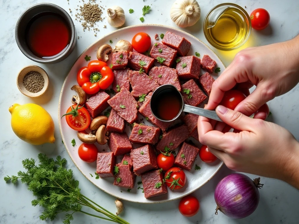 Ingredients for steak kabobs and savory soy garlic marinade