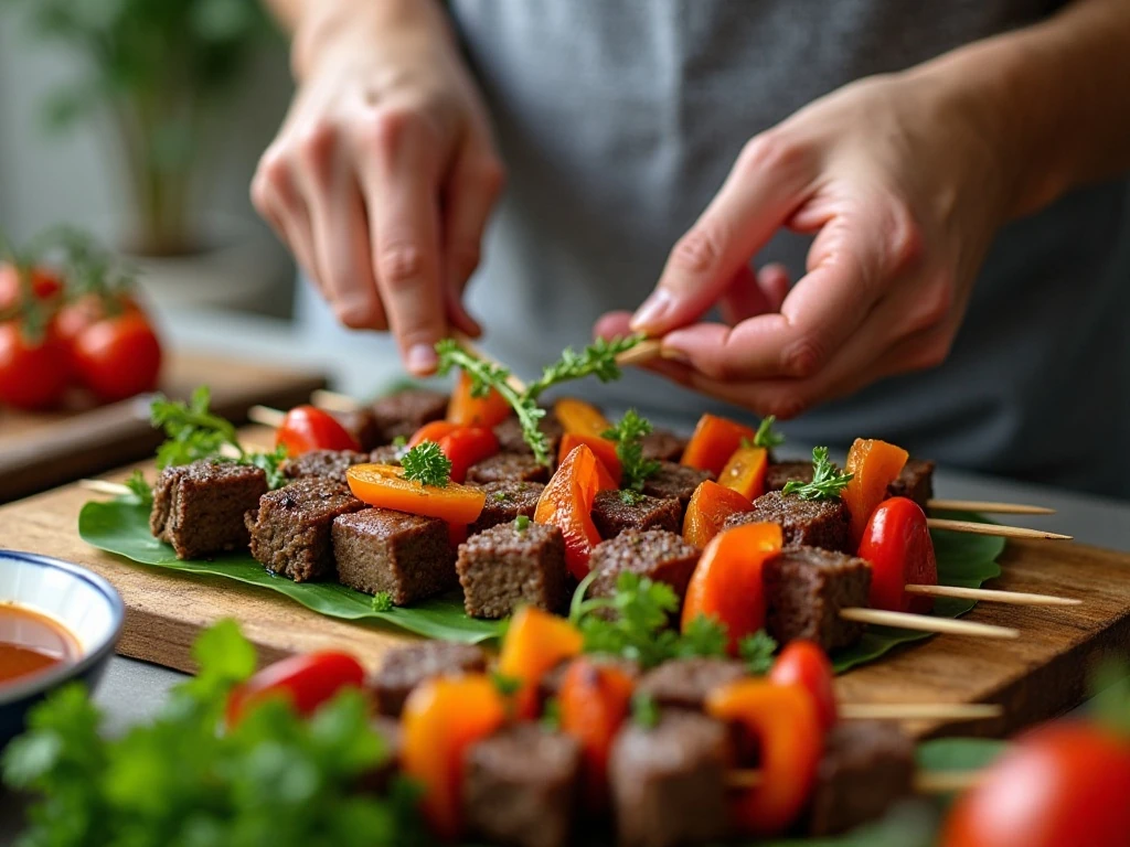 Steak and vegetables being threaded onto kabob skewers