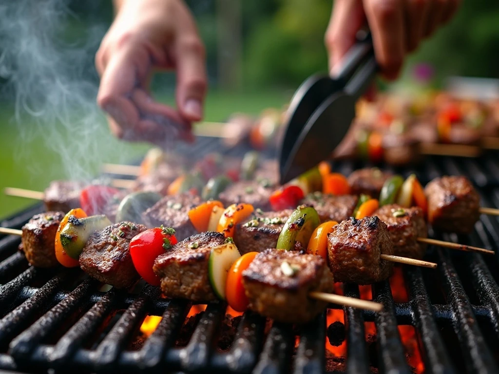 Steak kabobs turning on a hot grill with visible grill marks