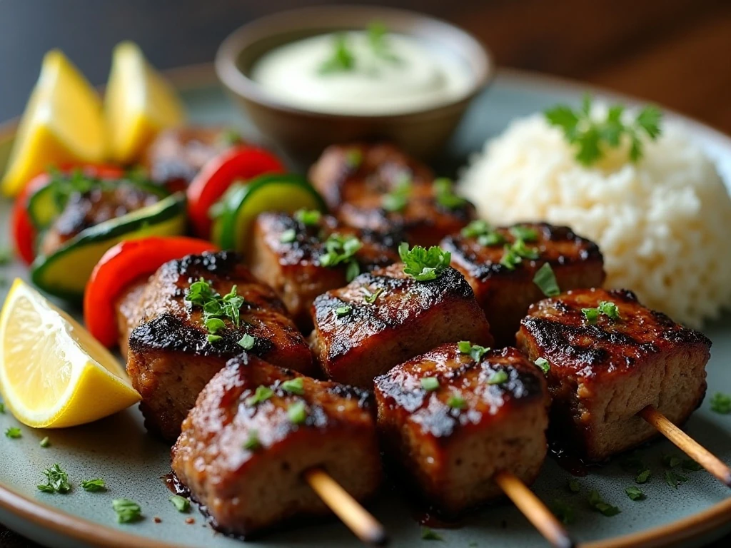 Grilled steak kabobs garnished with herbs, lemon, rice, and dipping sauce