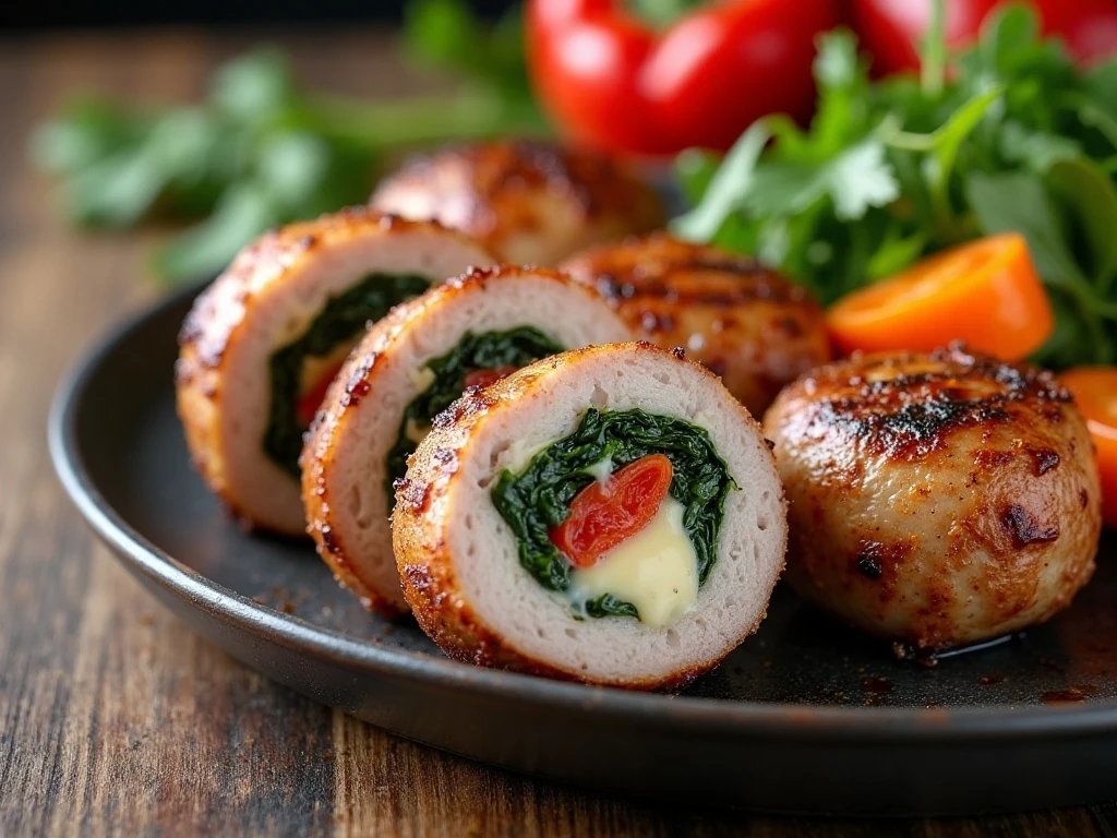 Sliced grilled stuffed pork tenderloin showing spinach, cheese, and roasted red pepper filling