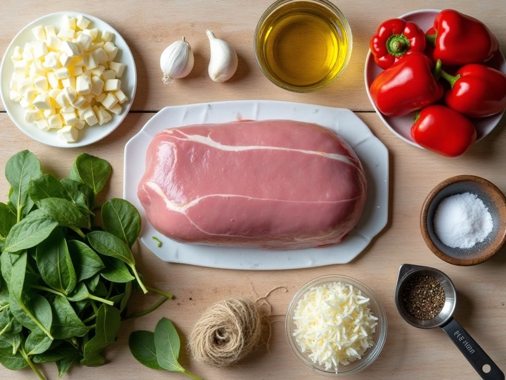 Ingredients for grilled stuffed pork tenderloin with spinach, cheese, and roasted peppers