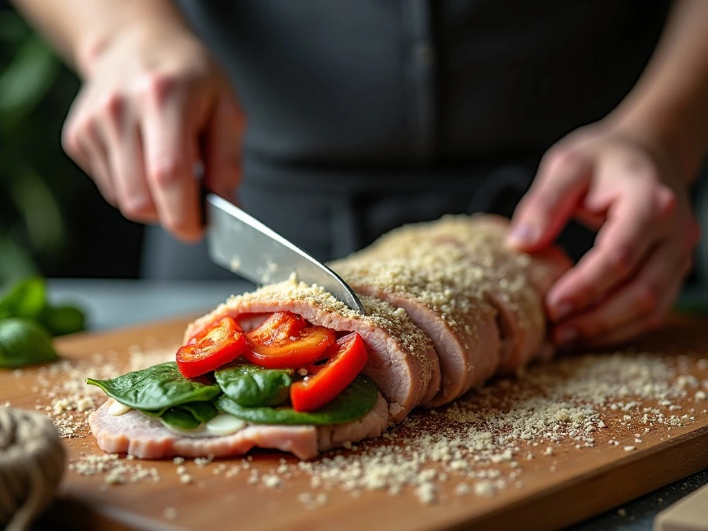 Butterflied pork tenderloin being filled with spinach, roasted peppers, and cheese