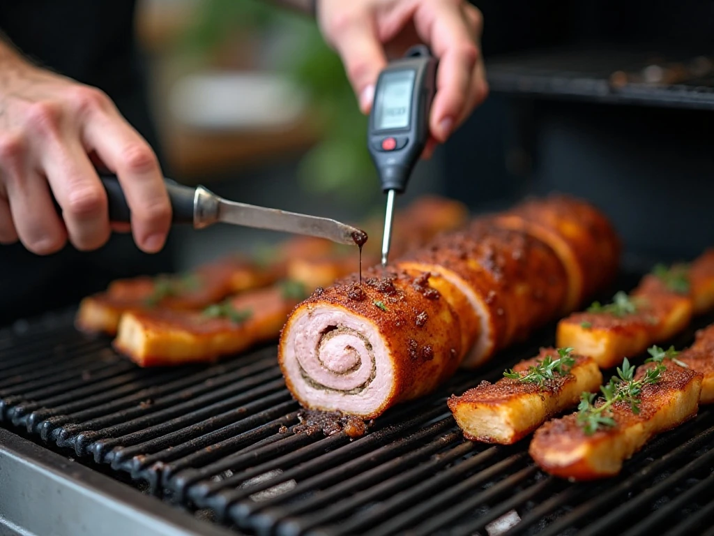 Grilled stuffed pork tenderloin being checked with an instant-read thermometer
