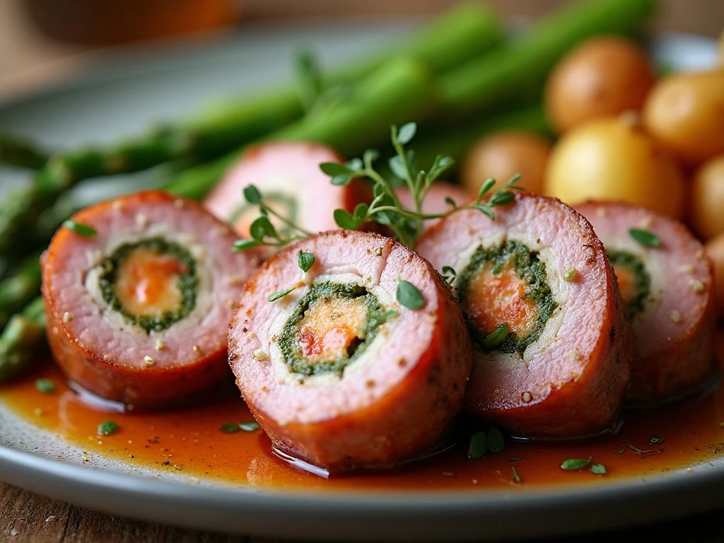 Grilled stuffed pork tenderloin served with asparagus and roasted potatoes