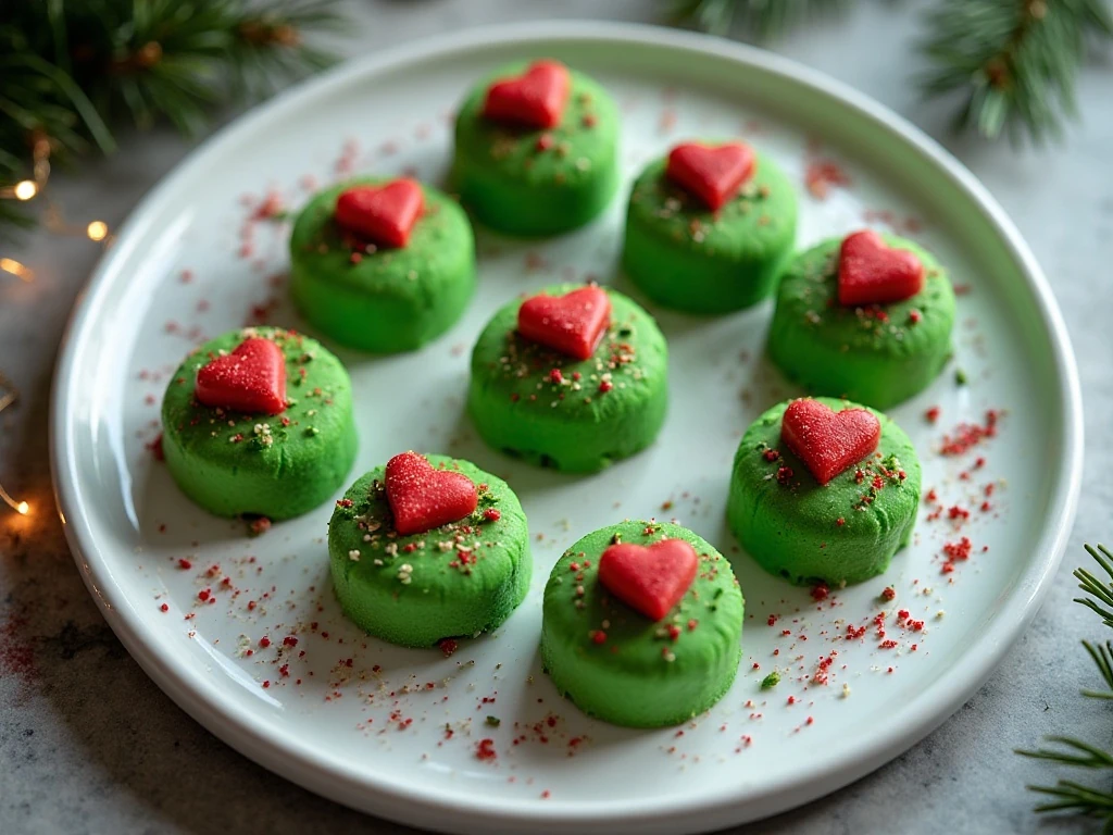 Green Grinch almond butter candies with red heart sprinkles on a festive platter