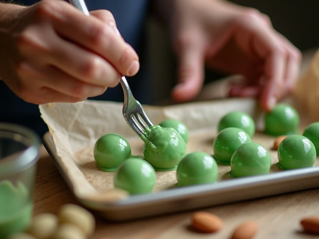 Dipping chilled almond butter balls in green candy coating
