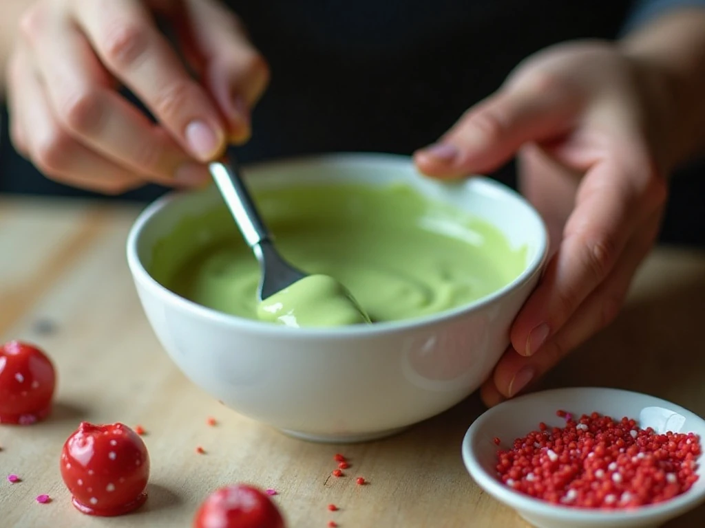 Preparing green candy coating and red heart sprinkles for Grinch candy