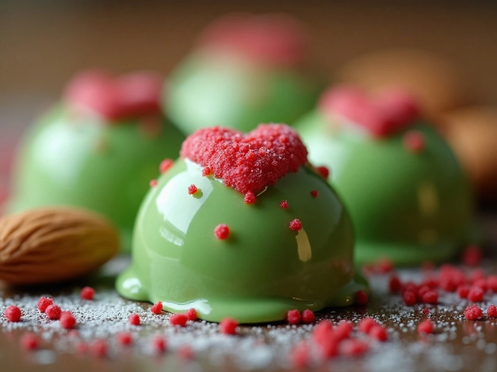 Close-up of red heart garnish on a Grinch almond butter candy