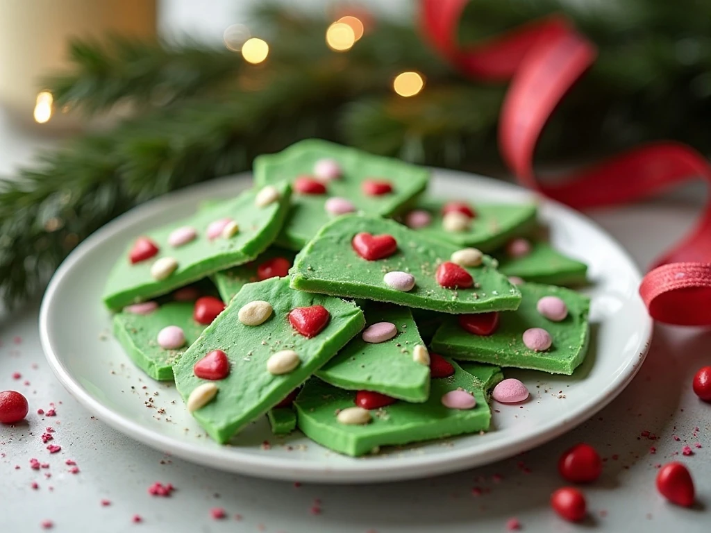 Festive green Grinch candy bark arranged on a Christmas dessert table