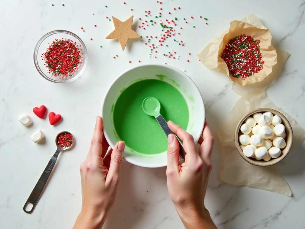 Ingredients for easy Grinch candy with green melts and red heart candies