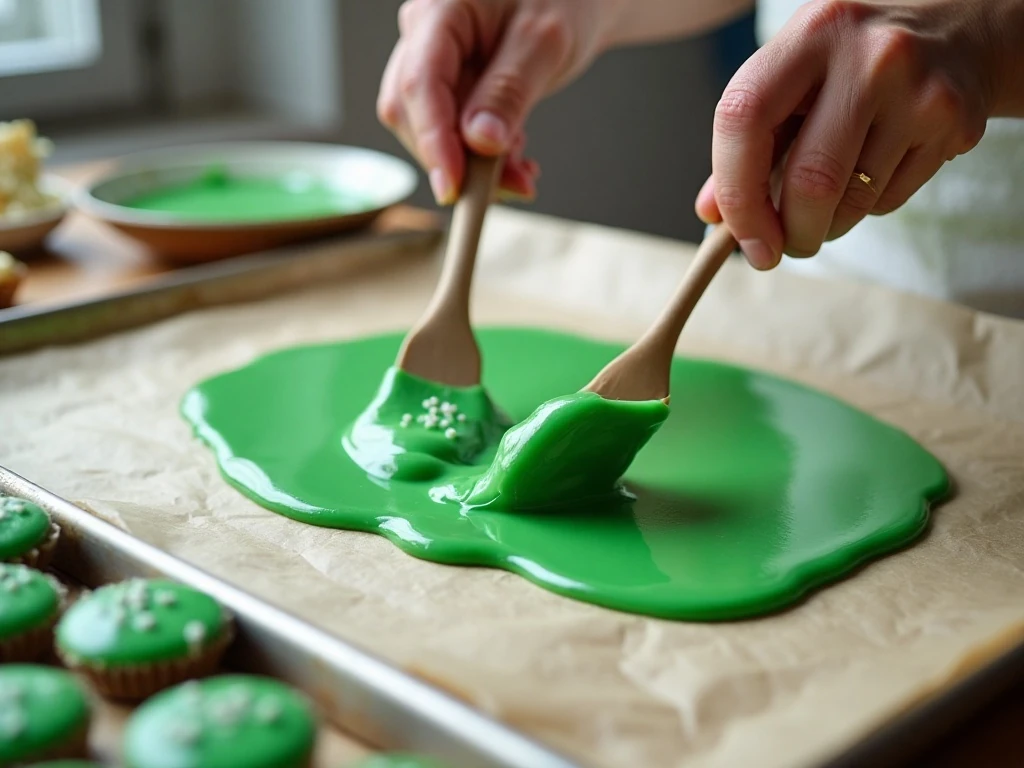 Spreading melted green candy coating for Grinch bark