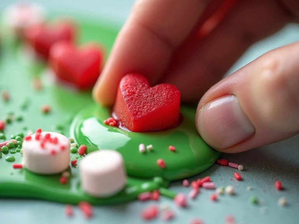 Red heart candies and marshmallows decorating green Grinch candy