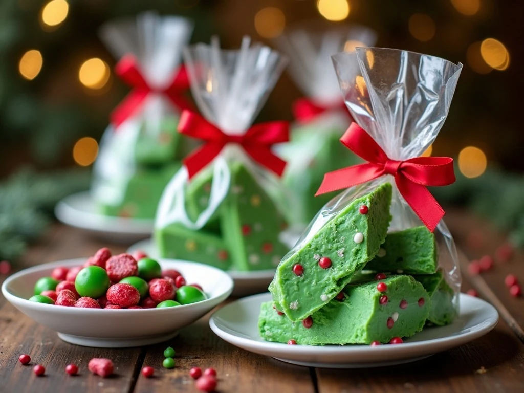 Grinch candy pieces packaged as Christmas gifts
