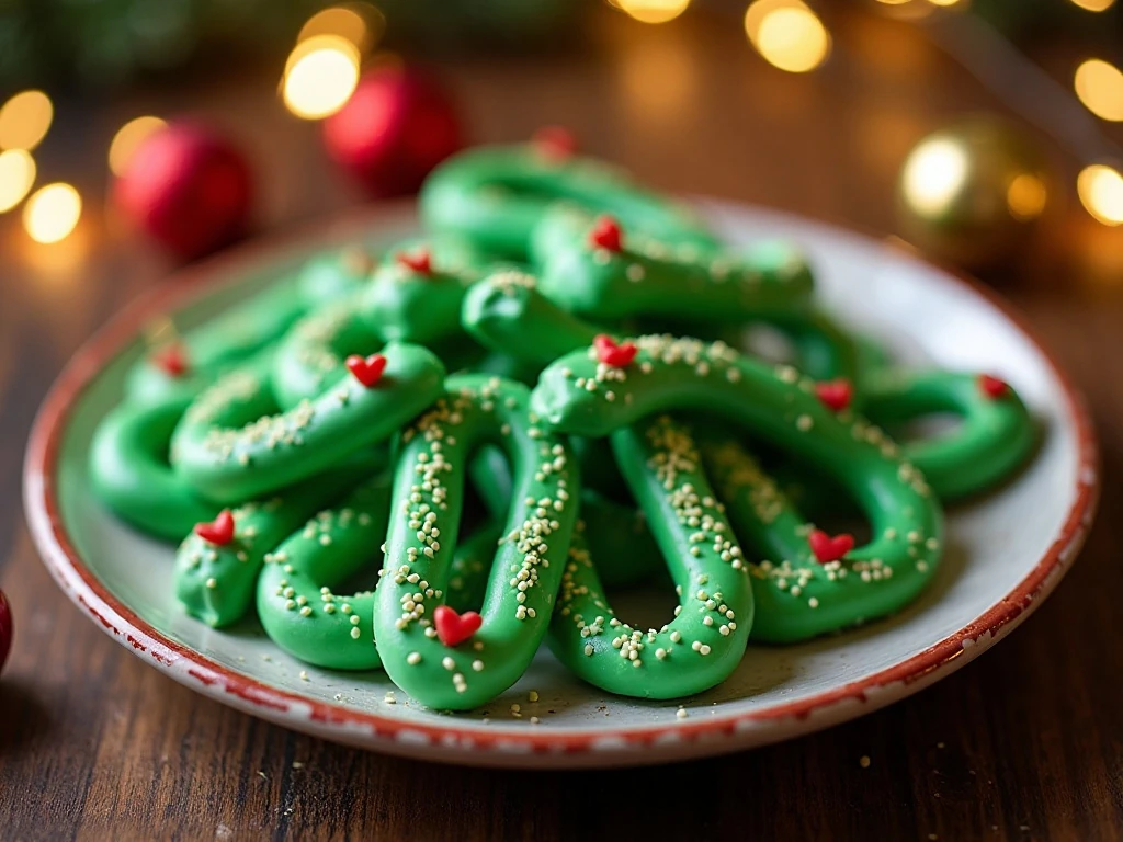 Green Grinch pretzel snacks with red heart sprinkles on a Christmas platter