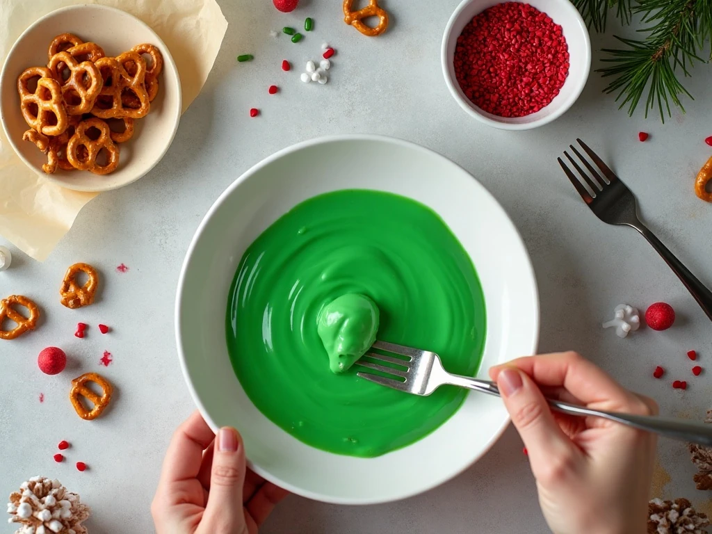 Ingredients for easy Grinch pretzel snacks