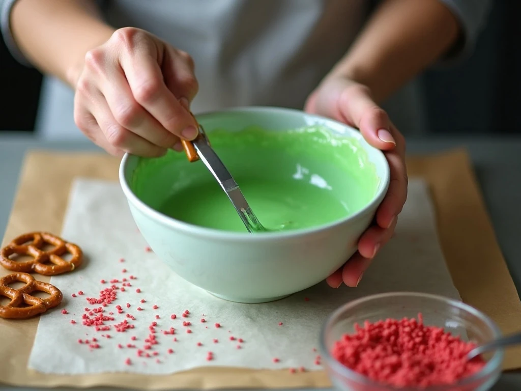 Melting green candy coating for Grinch pretzels